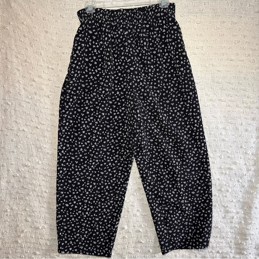 WOMENS 12 P BLACK PANTS WIDE LEG DITSY FLORAL LIGHTWEIGHT ELASTIC WAIST PHOEBE